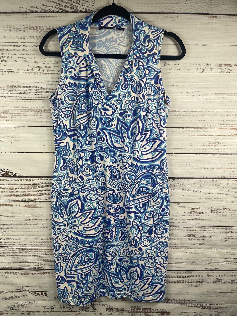 Katherine Way Dress Women's Size Small Blue Paisley V Neck Shift Knee Length